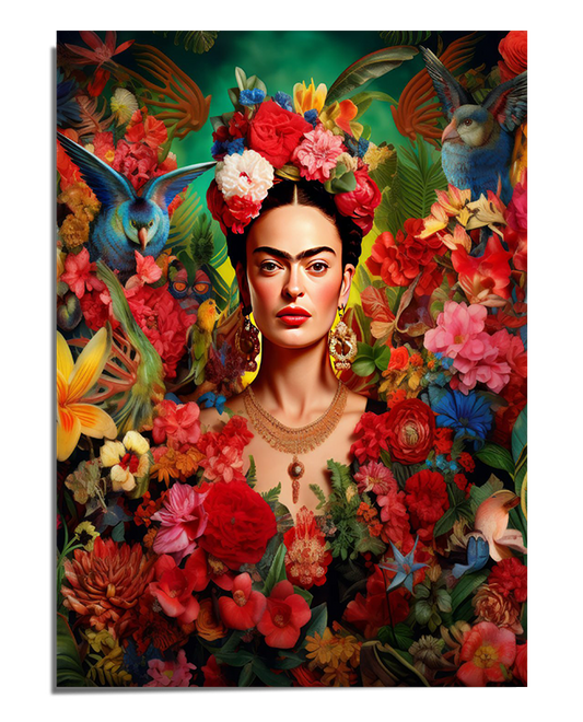 A detailed portrait of Frida Kahlo surrounded by vibrant flowers, green foliage, and exotic birds. She wears a bold floral crown, gold jewelry, and a deep red dress. Her intense gaze and red lips contrast with the lush botanical background, creating a striking and elegant composition.