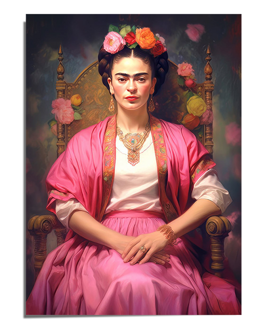 A portrait of Frida Kahlo seated on an ornate wooden chair, dressed in a pink blouse and shawl. She wears a floral crown with vibrant roses in her hair, along with delicate gold jewelry. Her gaze is strong and focused. The background features softly blurred flowers, creating a timeless and elegant atmosphere.