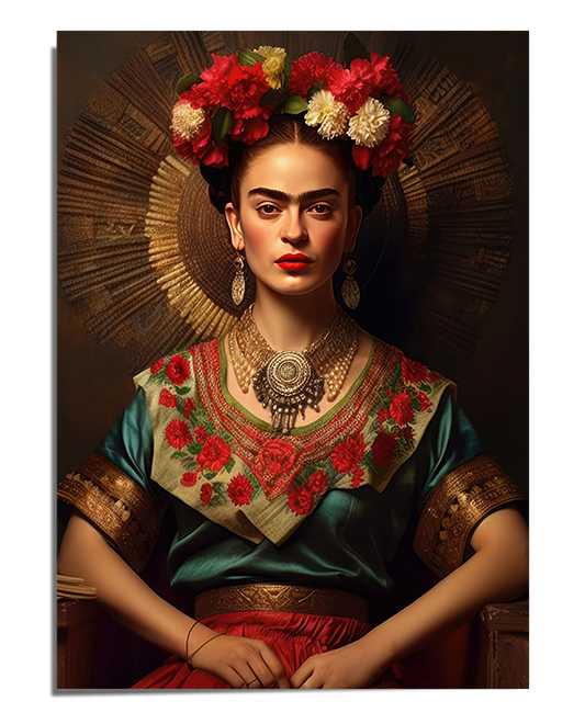 A highly detailed and regal portrait of Frida Kahlo, dressed in traditional Mexican clothing with rich embroidery and gold accents. She wears a bold floral headpiece in red, pink, and white, complementing her dark, braided hair. Her intense gaze and red lips add to her commanding presence. Large gold earrings and an ornate silver necklace adorn her, enhancing her majestic and elegant aesthetic
