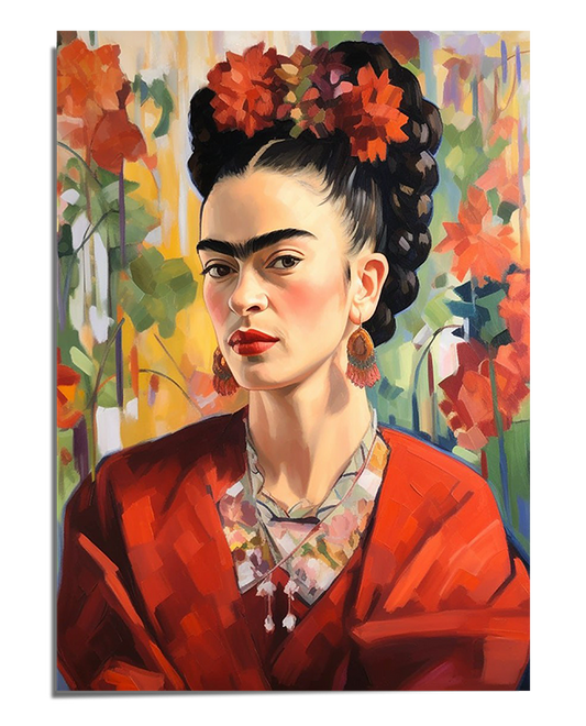 A bold and colorful portrait of Frida Kahlo wearing a deep red shawl over a floral blouse, with her dark braided hair decorated with bright red flowers. She gazes forward with intensity, her face softly framed by rosy cheeks and red lips. The background is a vivid blend of abstract flowers in warm tones of yellow, orange, and green, enhancing the vibrancy of the composition. Her layered necklaces and statement earrings add elegance to her striking appearance.