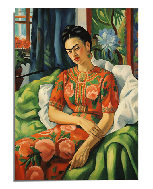 A detailed portrait of Frida Kahlo reclining on a bed of green pillows, dressed in a red embroidered dress with floral designs. Her dark hair is pulled back, and she wears large golden earrings. She rests one arm on her lap while gazing thoughtfully forward. Behind her, a window framed by green curtains lets in natural light, illuminating a view of lush plants and vibrant flowers. The composition conveys a sense of elegance, introspection, and artistic depth.