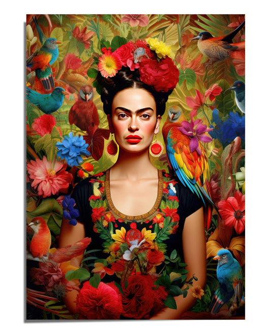 A stunning portrait of Frida Kahlo wearing a black embroidered blouse with colorful floral details, her dark braided hair adorned with red flowers. She gazes forward with intensity, wearing red drop earrings. A vibrant parrot sits on her shoulder, surrounded by exotic flowers, lush green leaves, and colorful birds, creating a rich and tropical atmosphere.