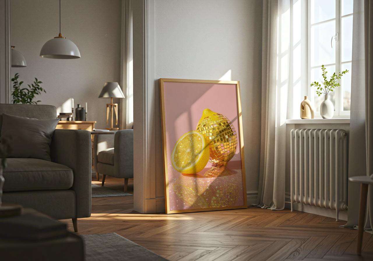 Living room with a pink abstract art print featuring lemons.