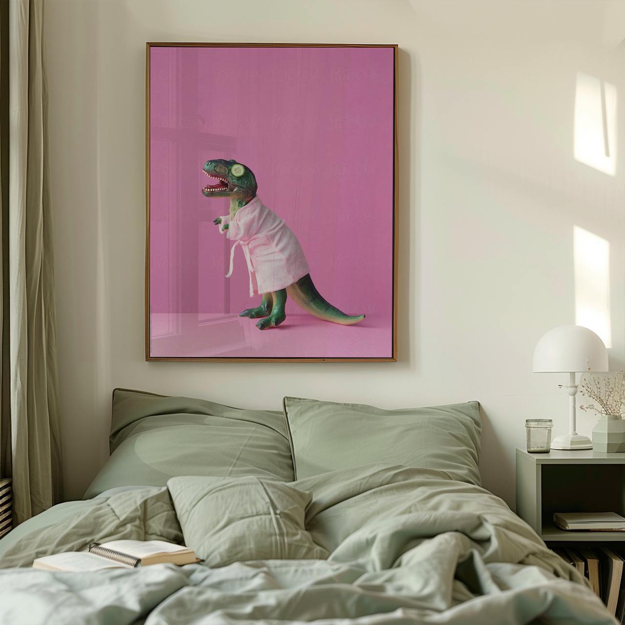 Framed artwork of a dinosaur in a robe on a pink background above a bed.