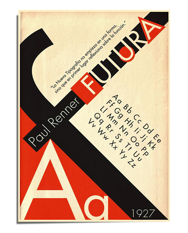 A Bauhaus-inspired graphic design poster featuring Paul Renner’s Futura typeface. The composition includes bold geometric typography, red and black color blocking, and a vintage modernist aesthetic.