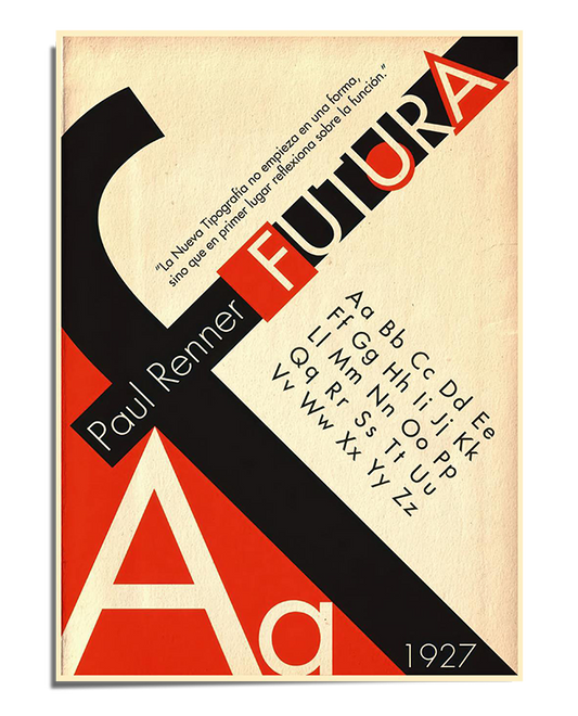 A Bauhaus-inspired graphic design poster featuring Paul Renner’s Futura typeface. The composition includes bold geometric typography, red and black color blocking, and a vintage modernist aesthetic.