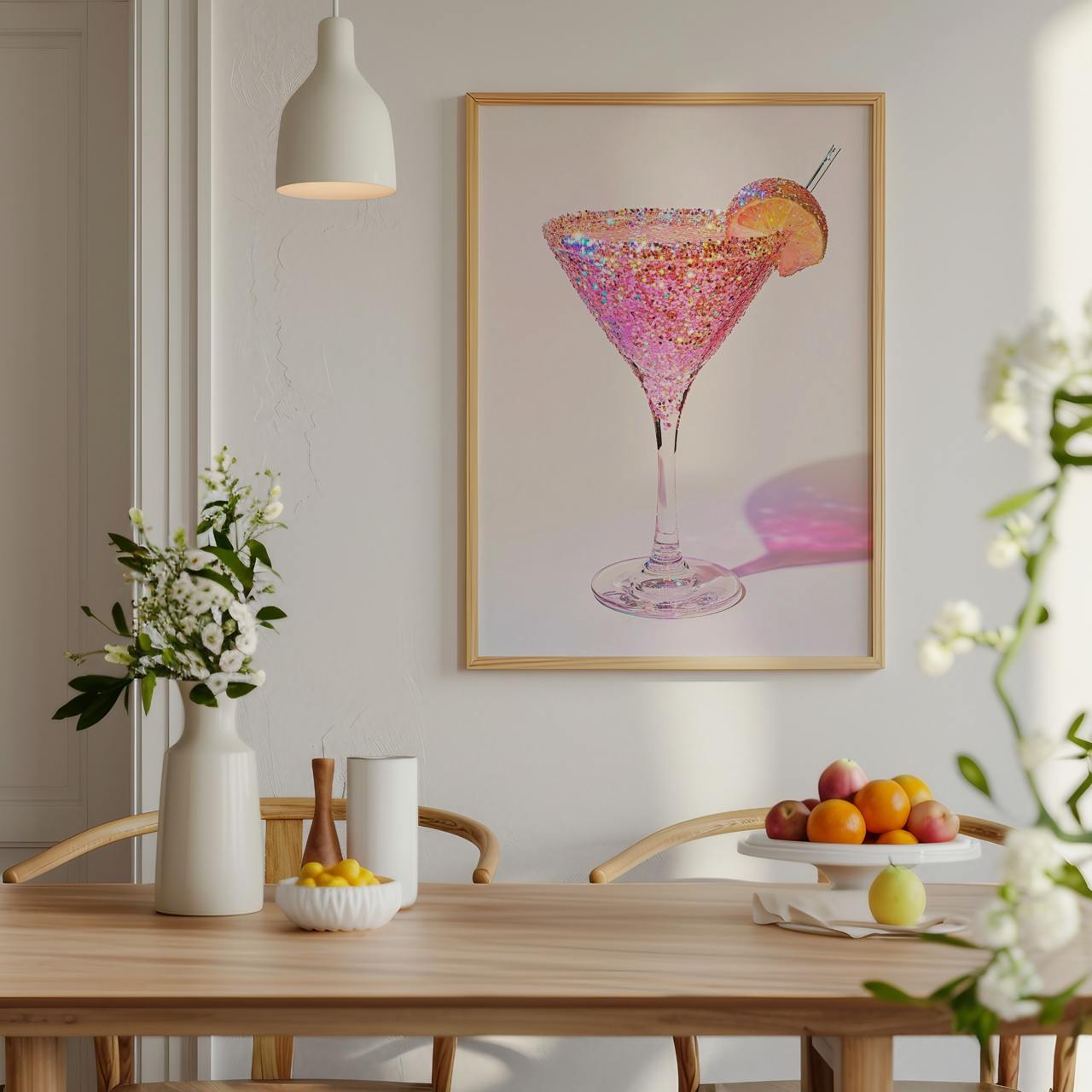 Dining room with a framed artwork of a colorful cocktail on the wall, table with fruit and decor items.