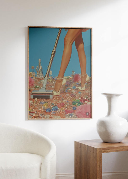A woman in white high heels vacuuming a floor covered in colorful gems and luxury items on a blue background.