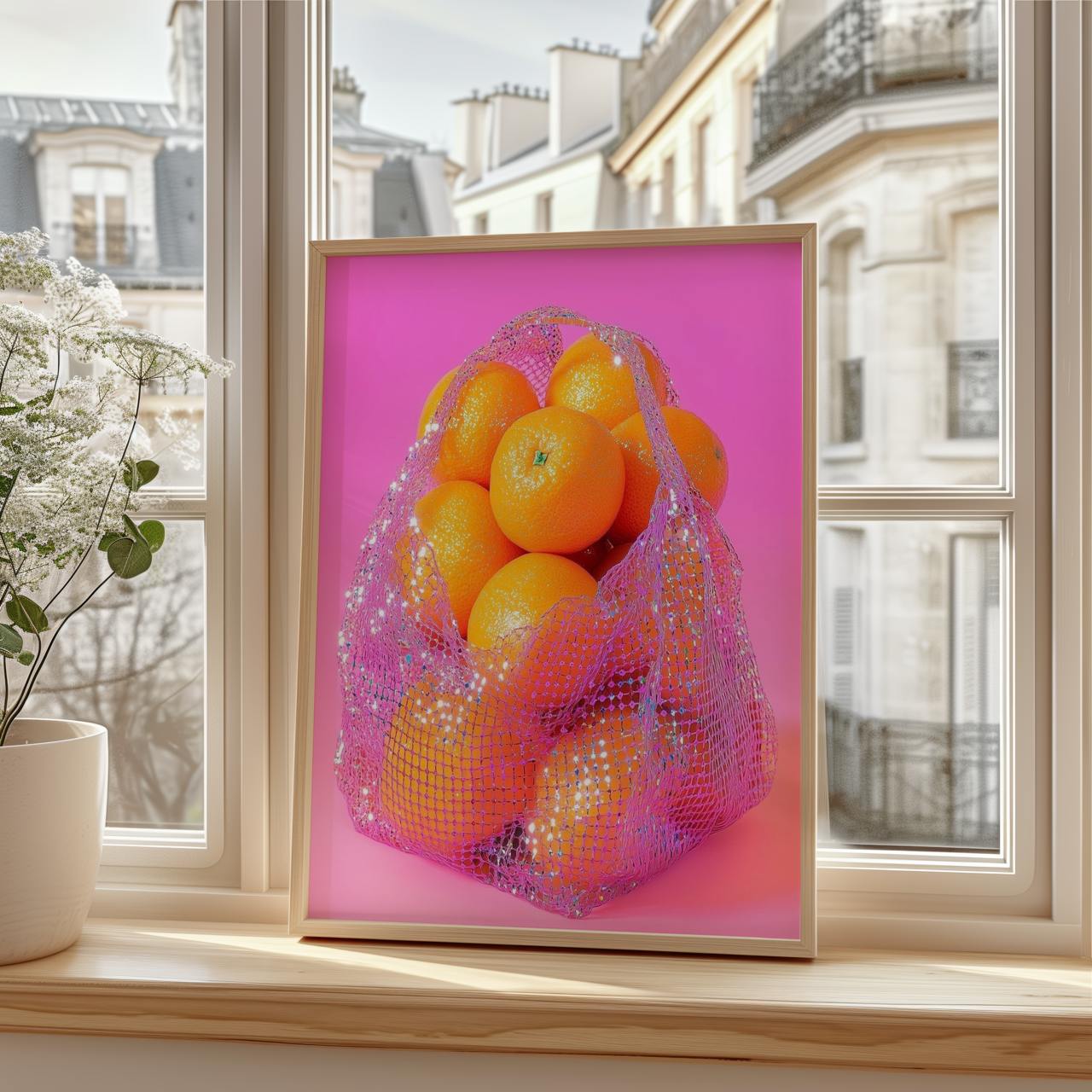 Framed artwork of oranges in a net bag on a windowsill with a cityscape view.