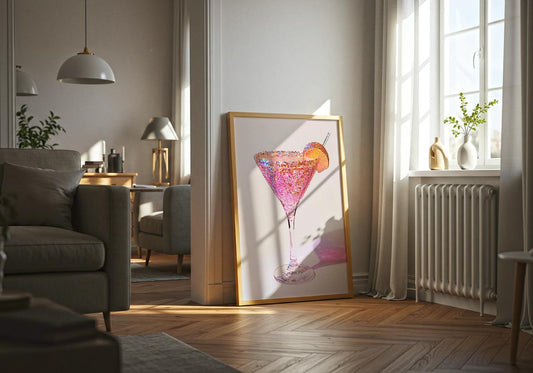 Living room with a large painting of a cocktail on the wall