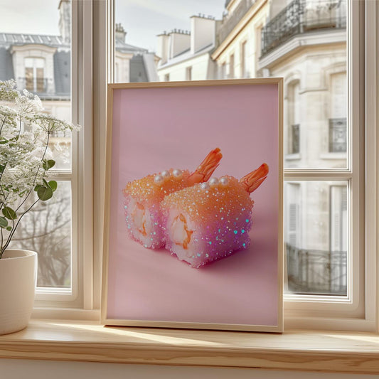 Art print of two shrimp sushi rolls placed on a pink background. The sushi is covered in glitter and small iridescent sparkles, with pearl-like decorations on top, creating a shiny and playful visual effect.