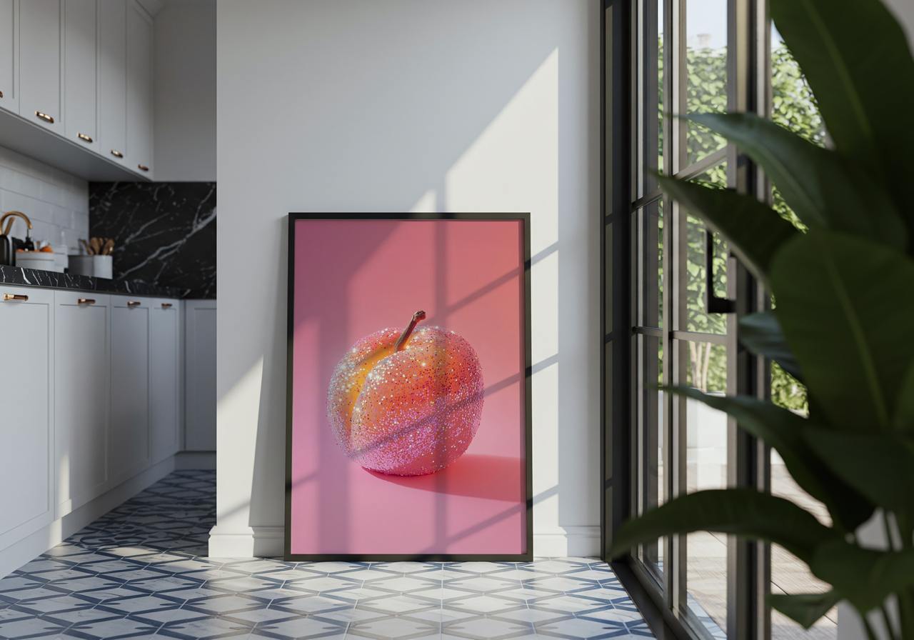 Framed artwork of a fruit on a pink background in a modern kitchen.