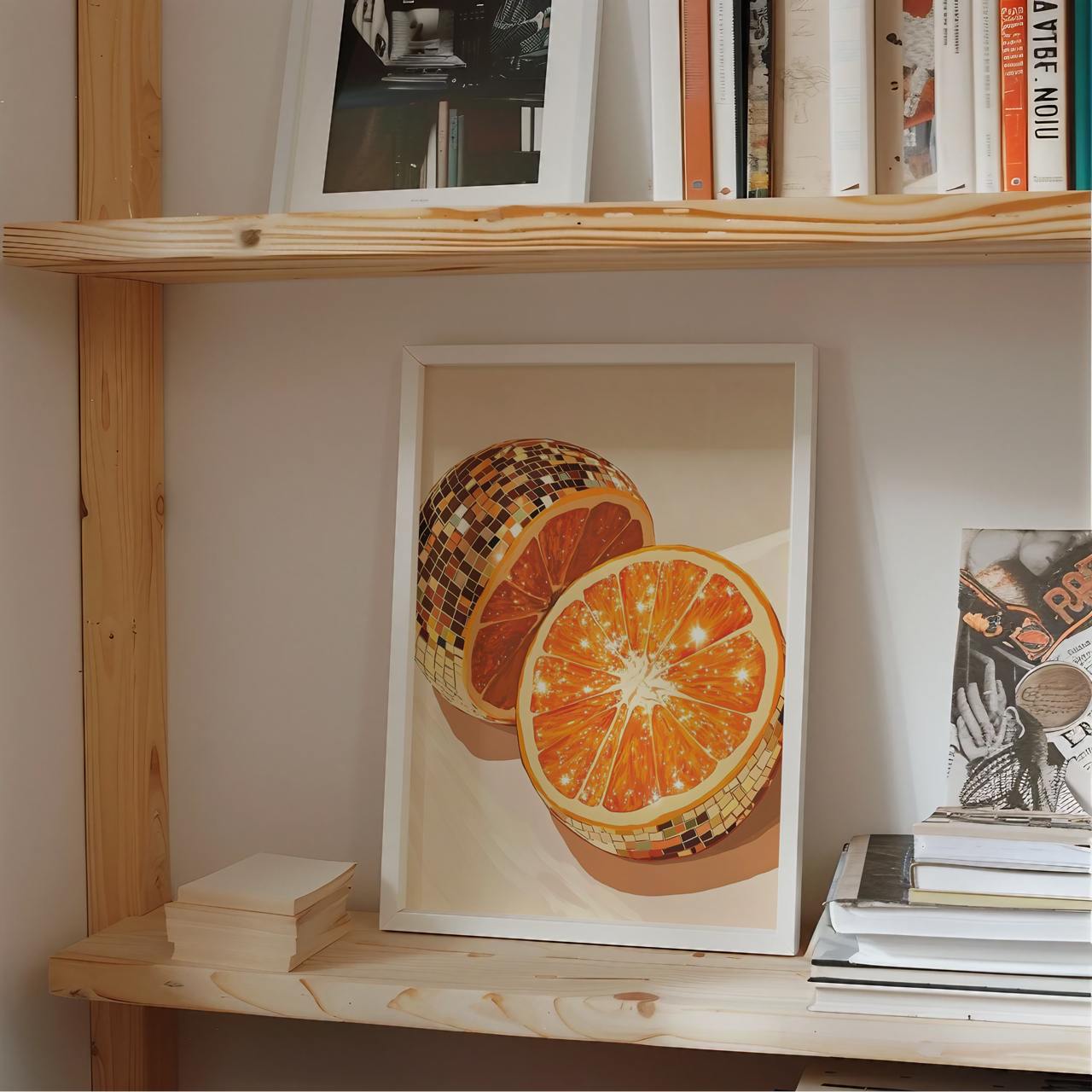 Wooden shelf with books and a framed picture of oranges