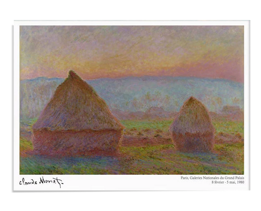 An Impressionist painting showing two haystacks in a field at sunset. The sky is filled with soft colors, transitioning from orange and pink to lavender, while the haystacks are bathed in warm, golden light. The landscape is peaceful and serene, with gentle hues and shadows creating depth.