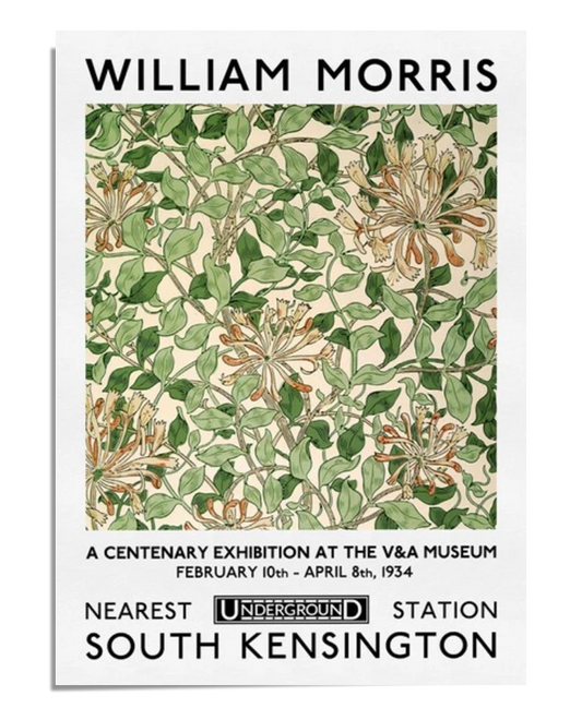 A vintage exhibition poster featuring the Honeysuckle design by William Morris. The pattern shows delicate honeysuckle flowers intertwined with green leaves, creating a natural and harmonious design. The text at the top indicates that the artwork was part of a centenary exhibition at the V&A Museum in 1934. The colors are soft and natural, emphasizing the intricate details of the floral pattern.