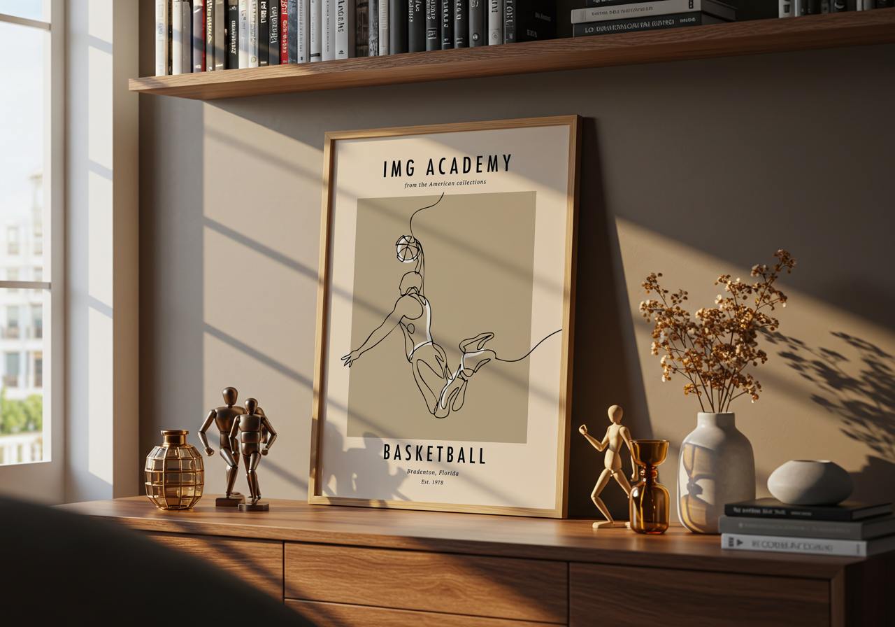Framed artwork on a shelf with decorative items