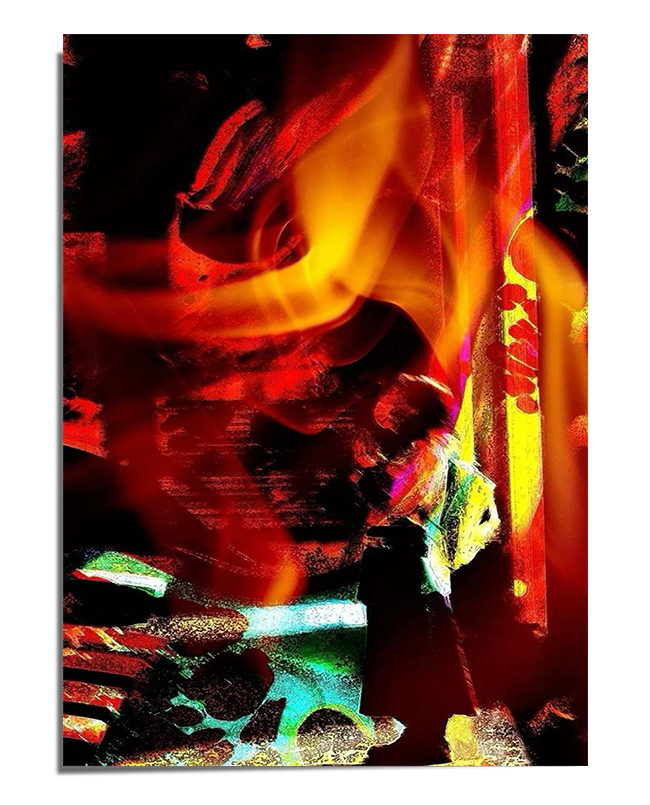 A vivid abstract composition featuring swirling red, orange, and yellow colors that resemble fire and movement. The artwork has high contrast, deep shadows, and expressive brushstrokes.