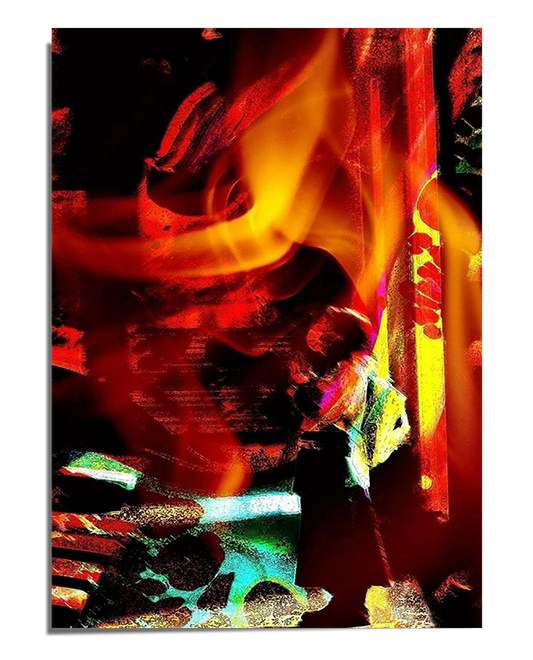 A vivid abstract composition featuring swirling red, orange, and yellow colors that resemble fire and movement. The artwork has high contrast, deep shadows, and expressive brushstrokes.