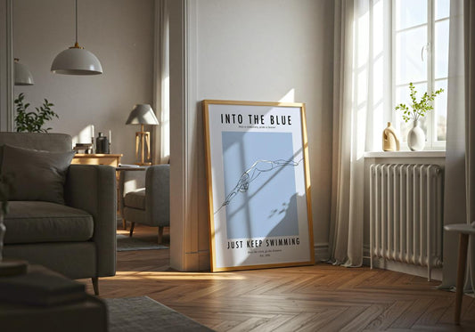 Framed artwork titled 'Into the Blue Just Keep Swimming' in a living room setting.