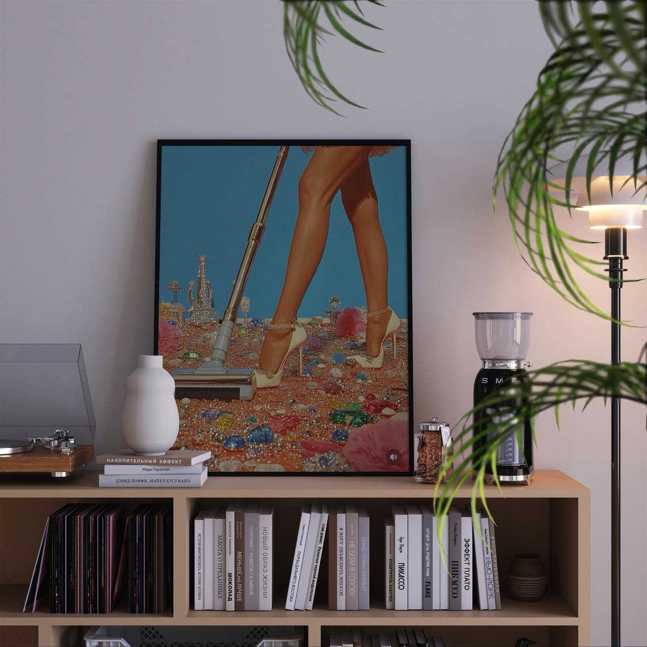 Framed artwork of legs in high heels on a bookshelf with decor items.