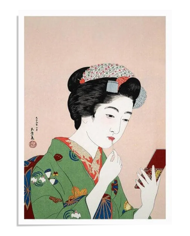 A Ukiyo-e woodblock print of a geisha woman in a colorful kimono, holding a compact mirror while applying makeup. The background is soft and pastel, and the detailed kimono features intricate patterns. The geisha's expression is serene, and the colors are vibrant.