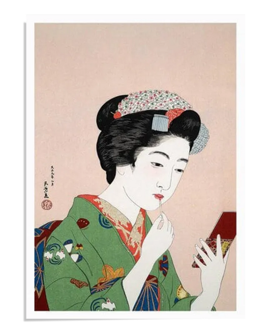A Ukiyo-e woodblock print of a geisha woman in a colorful kimono, holding a compact mirror while applying makeup. The background is soft and pastel, and the detailed kimono features intricate patterns. The geisha's expression is serene, and the colors are vibrant.