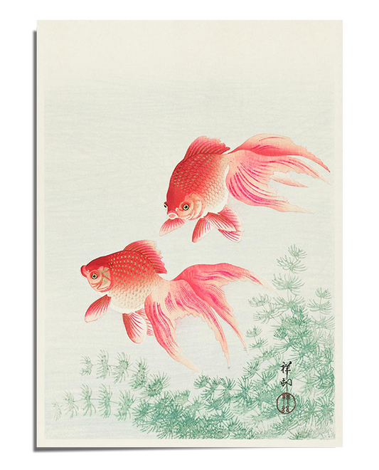 A soft, elegant painting featuring two pink goldfish gracefully swimming against a light background. Their flowing fins create a sense of movement, while delicate green aquatic plants add balance to the composition. Japanese calligraphy in the corner enhances the traditional aesthetic of the piece.