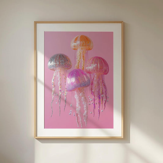 Art print of four glittery jellyfish in pink, silver, orange, and purple, floating on a soft pink background with beaded tentacles and shiny textures.