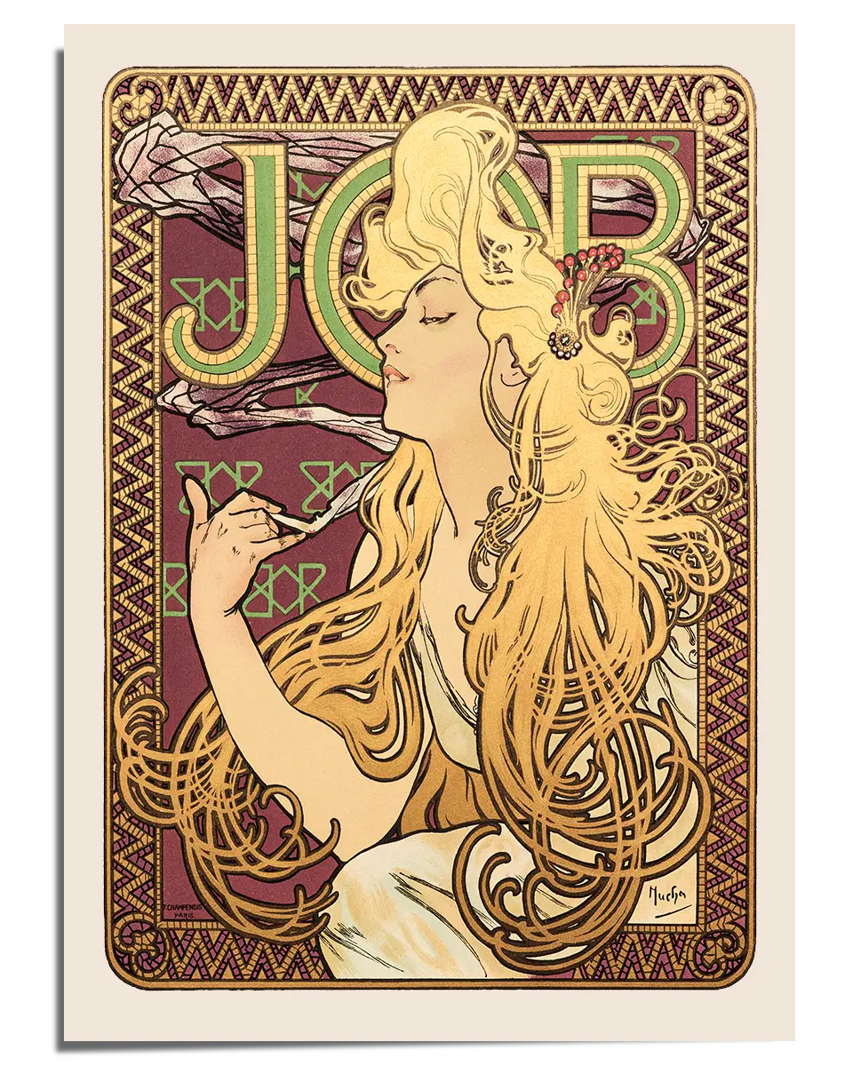 An Art Nouveau-style illustration featuring a woman with long, flowing golden hair seated against an intricate decorative background. She holds a cigarette delicately between her fingers as wisps of smoke curl around the bold green typography spelling “JOB.” The composition includes rich burgundy, gold, and beige tones, framed by ornamental details