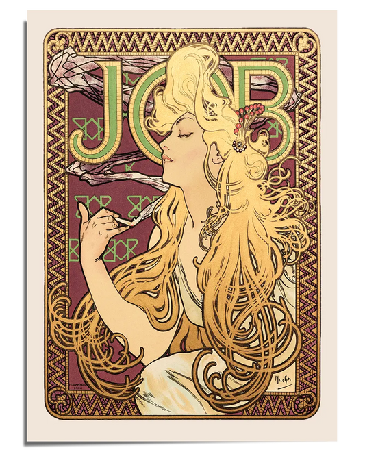 An Art Nouveau-style illustration featuring a woman with long, flowing golden hair seated against an intricate decorative background. She holds a cigarette delicately between her fingers as wisps of smoke curl around the bold green typography spelling “JOB.” The composition includes rich burgundy, gold, and beige tones, framed by ornamental details