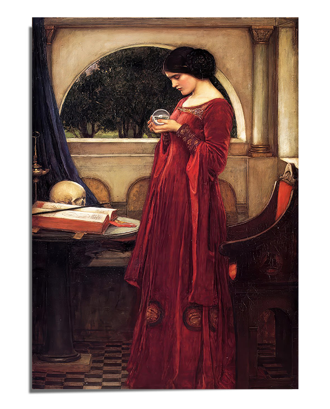 A woman in a deep red medieval-style gown stands in an ornate room, holding a small crystal ball in her hands. She gazes into it with a focused expression. Nearby, an open book, a skull, and a candle rest on a wooden table. Behind her, an arched window reveals a lush green landscape, adding contrast to the warm tones of the room’s interior. The scene is rich in detail and evokes a sense of mystery and contemplation.