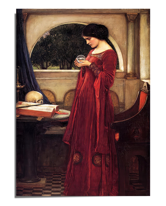 A woman in a deep red medieval-style gown stands in an ornate room, holding a small crystal ball in her hands. She gazes into it with a focused expression. Nearby, an open book, a skull, and a candle rest on a wooden table. Behind her, an arched window reveals a lush green landscape, adding contrast to the warm tones of the room’s interior. The scene is rich in detail and evokes a sense of mystery and contemplation.