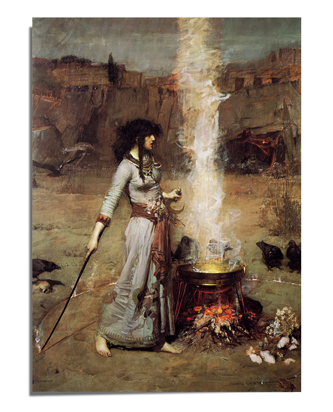 A painting of a dark-haired woman in flowing robes standing beside a large cauldron with flames beneath it. She holds a staff in one hand and gestures with the other as thick white smoke rises from the pot. Crows surround her on the ground, and a desolate, rocky landscape stretches into the background. The scene has a mystical and dramatic atmosphere.