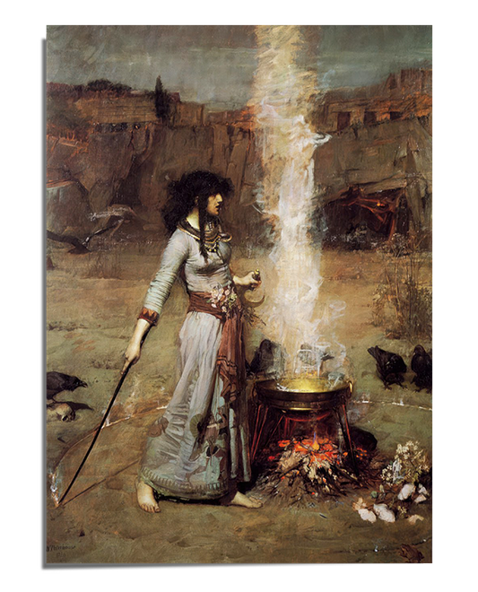 A painting of a dark-haired woman in flowing robes standing beside a large cauldron with flames beneath it. She holds a staff in one hand and gestures with the other as thick white smoke rises from the pot. Crows surround her on the ground, and a desolate, rocky landscape stretches into the background. The scene has a mystical and dramatic atmosphere.