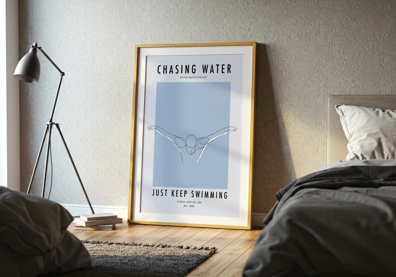 Framed poster titled 'Chasing Water' in a bedroom setting with a lamp and bed.