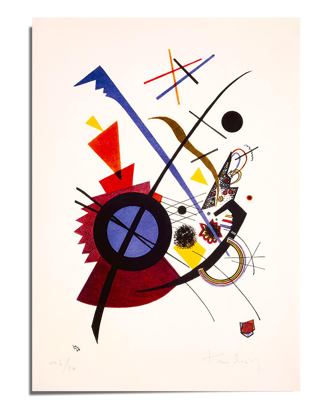 An abstract geometric art print featuring bold intersecting lines, colorful shapes, and dynamic movement. The composition embodies Kandinsky’s signature modernist and Bauhaus-inspired style.
