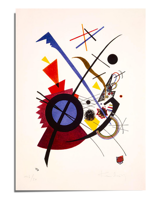 An abstract geometric art print featuring bold intersecting lines, colorful shapes, and dynamic movement. The composition embodies Kandinsky’s signature modernist and Bauhaus-inspired style.