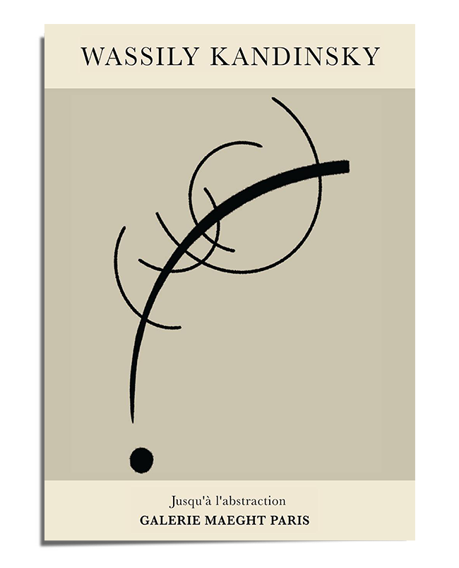 A minimalist abstract art print featuring black curved lines and geometric shapes on a neutral background. The composition reflects Kandinsky’s exploration of movement and balance.