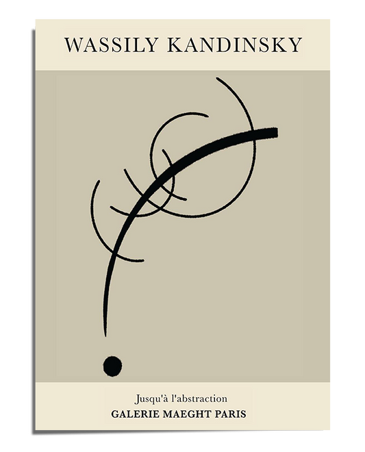 A minimalist abstract art print featuring black curved lines and geometric shapes on a neutral background. The composition reflects Kandinsky’s exploration of movement and balance.