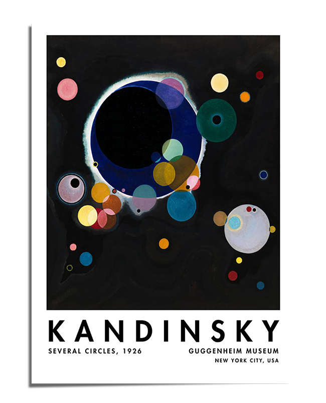 An abstract art print featuring colorful, overlapping circles floating on a black background. The composition showcases Kandinsky’s signature geometric abstraction and modernist style.