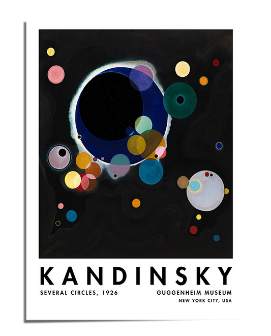 An abstract art print featuring colorful, overlapping circles floating on a black background. The composition showcases Kandinsky’s signature geometric abstraction and modernist style.