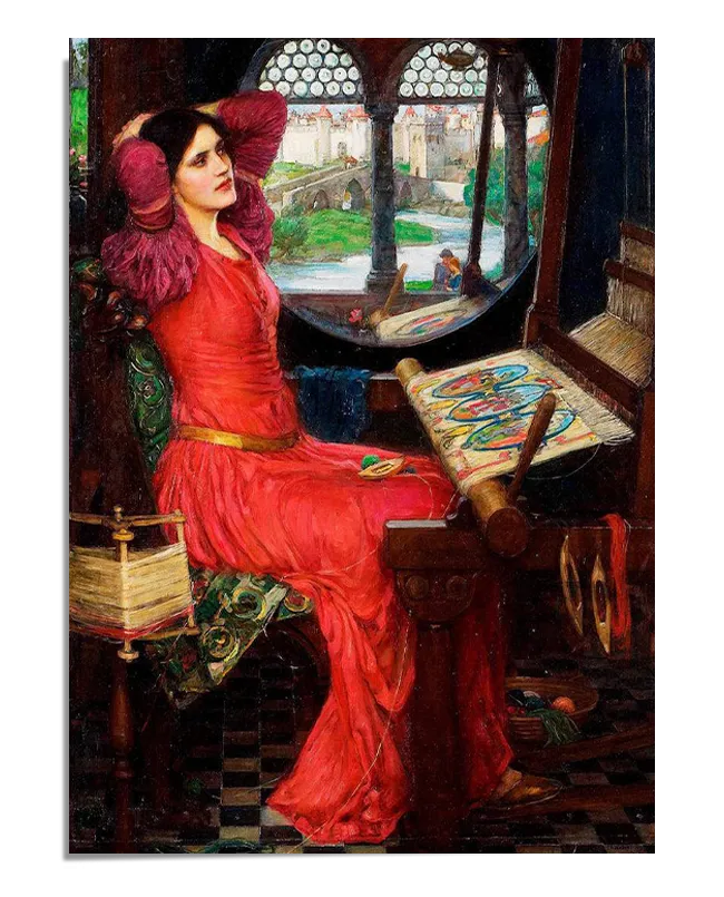 A Pre-Raphaelite painting of a woman in a red gown sitting in a tower, weaving a tapestry while gazing out of a round window. The woman’s long dark hair contrasts with the vibrant colors of her gown. The window shows a distant view of a river and landscape, while the interior is dark and filled with the tools of her craft. The scene conveys a sense of isolation and longing.