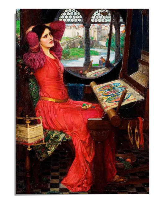 A Pre-Raphaelite painting of a woman in a red gown sitting in a tower, weaving a tapestry while gazing out of a round window. The woman’s long dark hair contrasts with the vibrant colors of her gown. The window shows a distant view of a river and landscape, while the interior is dark and filled with the tools of her craft. The scene conveys a sense of isolation and longing.