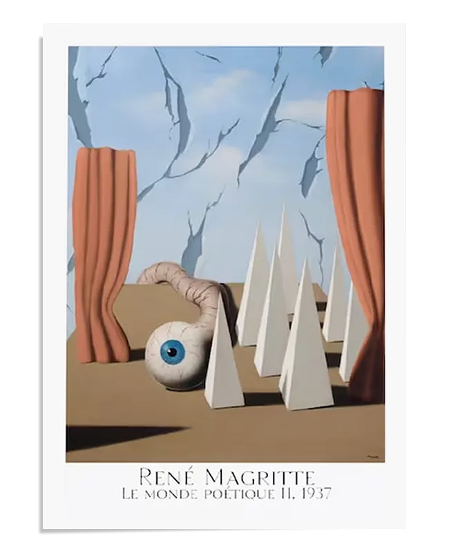 A surrealist painting featuring a barren landscape with sharp white pyramids, an oversized eye connected to a worm-like form, and two large red curtains framing the scene. The cracked blue sky in the background adds to the surreal atmosphere, creating an illusion of a staged, dreamlike world. The contrasting elements evoke mystery and subconscious exploration.