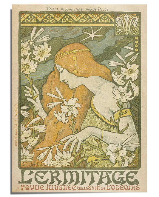 A vintage Art Nouveau illustration featuring a woman with flowing golden hair, gently touching a cluster of white lilies. She wears a soft green gown with gold embellishments and a delicate headband. The background consists of rolling hills, floral motifs, and ornamental designs in warm, muted tones. The bottom of the poster displays the title "L'Ermitage" in decorative lettering, complementing the elegant and nature-inspired aesthetic of the artwork.