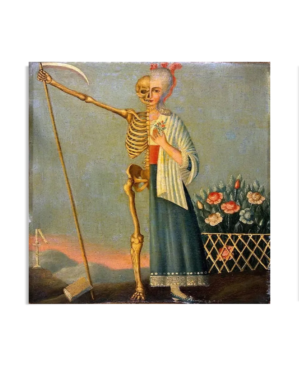 A symbolic painting featuring a woman split in two. One side is a beautifully dressed 18th-century lady with a floral background, while the other half is a skeleton holding a scythe. The contrast between life and death creates a dramatic and thought-provoking visual.