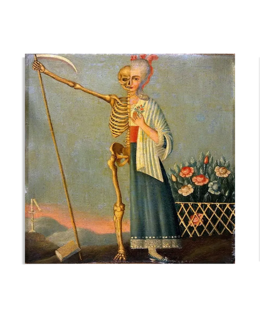 A symbolic painting featuring a woman split in two. One side is a beautifully dressed 18th-century lady with a floral background, while the other half is a skeleton holding a scythe. The contrast between life and death creates a dramatic and thought-provoking visual.