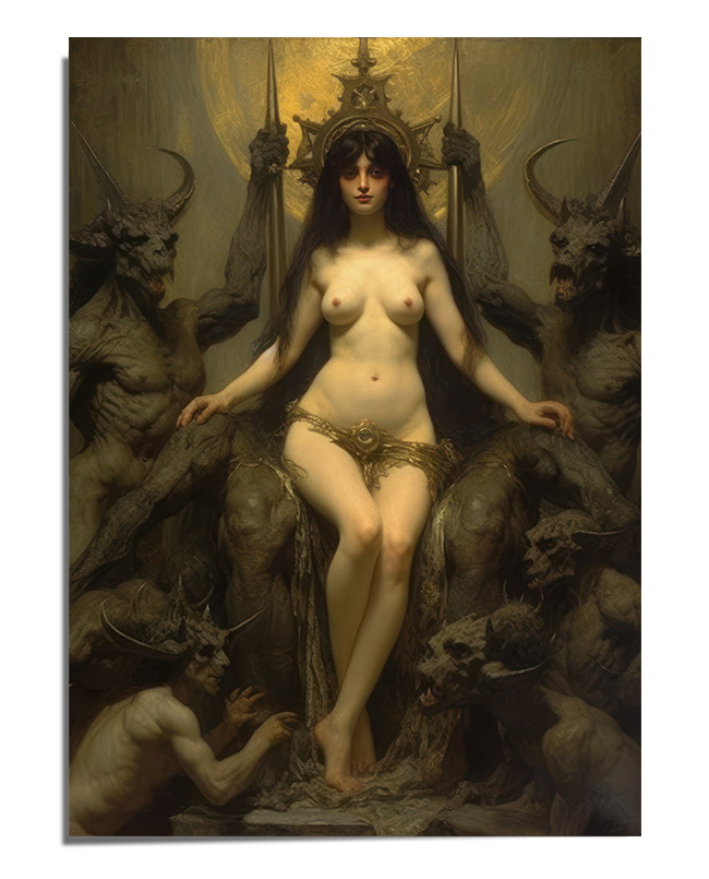 A dramatic portrayal of Lilith, the Queen of Darkness, seated on her throne, exuding power and mystery. Surrounded by dark elements and mystical creatures, this artwork captures the strength and mystical aura of this ancient figure. Ideal for fans of fantasy and mystical art, this fine art print brings a touch of commanding presence and mystery to any space.
