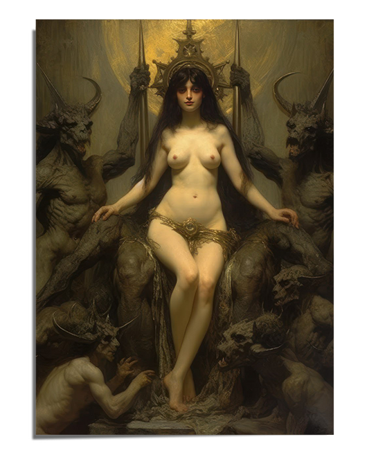 A dramatic portrayal of Lilith, the Queen of Darkness, seated on her throne, exuding power and mystery. Surrounded by dark elements and mystical creatures, this artwork captures the strength and mystical aura of this ancient figure. Ideal for fans of fantasy and mystical art, this fine art print brings a touch of commanding presence and mystery to any space.