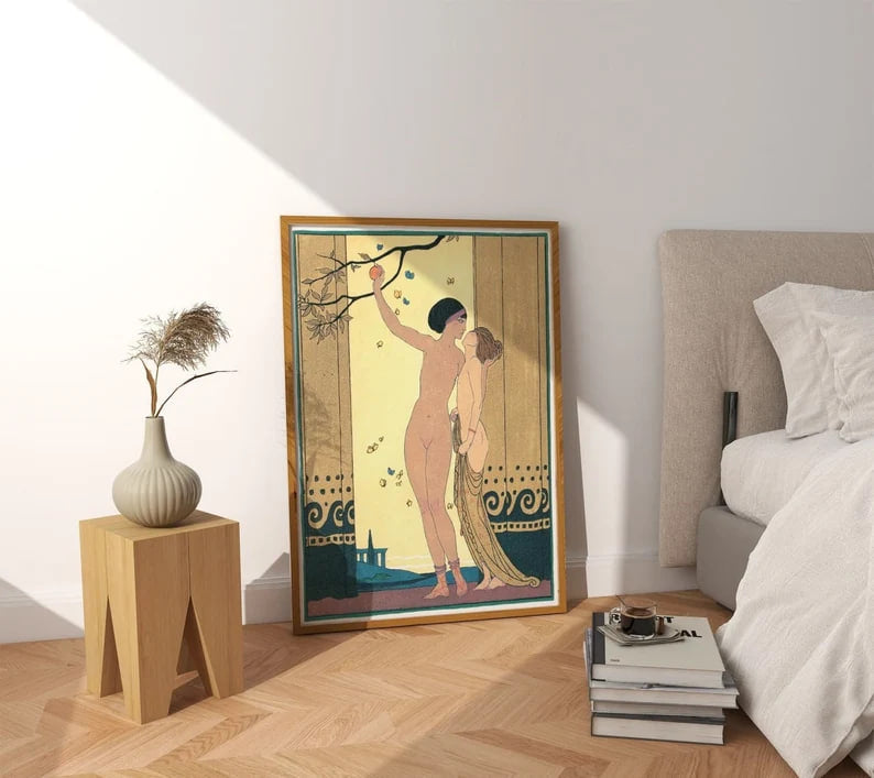 An Art Deco print by Georges Barbier, showcasing a romantic couple under a tree. The design blends soft, flowing lines with geometric patterns, evoking sensuality and elegance. Ideal for lovers of vintage art, fashion illustrations, and timeless beauty in home decor.